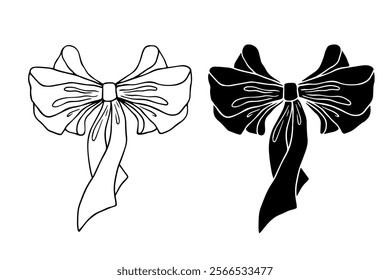 Line sketch, silhouette, festive bow stamp. Vector graphics.