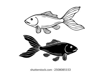 Line sketch, silhouette, fish stamp. Vector graphics.	