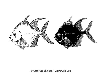 Line sketch, silhouette, fish stamp. Vector graphics.	