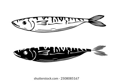 Line sketch, silhouette, fish stamp. Vector graphics.	