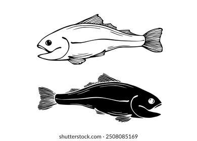 Line sketch, silhouette, fish stamp. Vector graphics.	