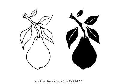 Line sketch, silhouette, pear fruit stamp. Vector graphics.