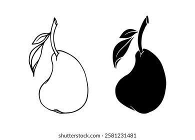 Line sketch, silhouette, pear fruit stamp. Vector graphics.