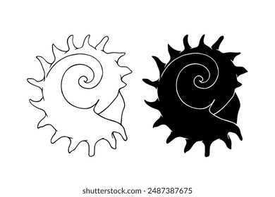 Boceto de línea, silueta, sello de concha marina. Vector gráfico.