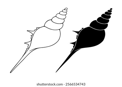 Line sketch, silhouette, stamp of aquatic inhabitants of sea shells. Vector graphics.