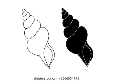 Line sketch, silhouette, stamp of aquatic inhabitants of sea shells. Vector graphics.