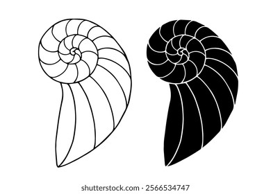 Line sketch, silhouette, stamp of aquatic inhabitants of sea shells. Vector graphics.