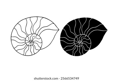 Line sketch, silhouette, stamp of aquatic inhabitants of sea shells. Vector graphics.