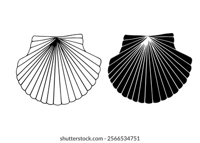 Line sketch, silhouette, stamp of aquatic inhabitants of sea shells. Vector graphics.