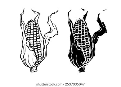 Line sketch, silhouette, stamp of corn heads. Vector graphics.