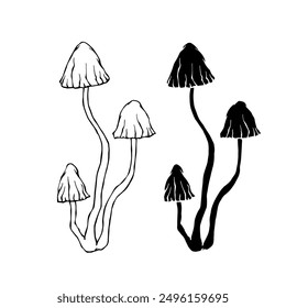 Line sketch, silhouette stamp of forest mushrooms toadstools. Vector graphics.