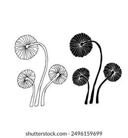 Line sketch, silhouette stamp of forest mushrooms toadstools. Vector graphics.