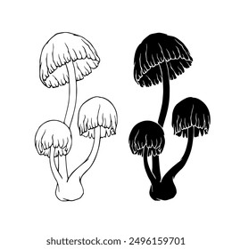 Line sketch, silhouette stamp of forest mushrooms toadstools. Vector graphics.