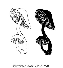 Line sketch, silhouette stamp of forest mushrooms toadstools. Vector graphics.