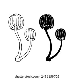 Line sketch, silhouette stamp of forest mushrooms toadstools. Vector graphics.