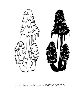 Line sketch, silhouette stamp of forest mushrooms toadstools. Vector graphics.