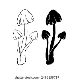Line sketch, silhouette stamp of forest mushrooms toadstools. Vector graphics.