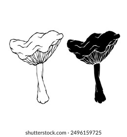 Line sketch, silhouette stamp of forest mushrooms toadstools. Vector graphics.