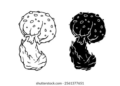 Line sketch, silhouette, stamp of a forest mushroom fly agaric. Vector graphics.