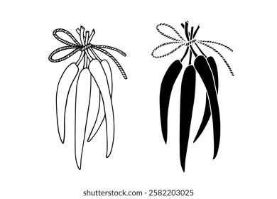 Line sketch, silhouette stamp of hot chili pepper pods. Vector graphics.