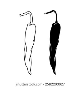 Line sketch, silhouette stamp of hot chili pepper pods. Vector graphics.