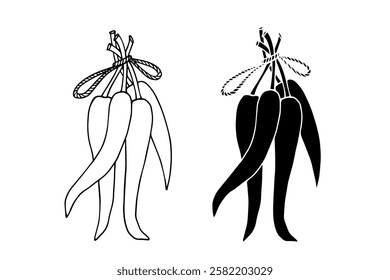 Line sketch, silhouette stamp of hot chili pepper pods. Vector graphics.