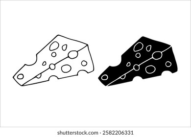 Line sketch, silhouette, stamp of a piece of cheese. Vector graphics.
