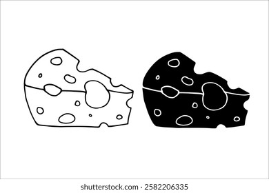 Line sketch, silhouette, stamp of a piece of cheese. Vector graphics.
