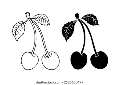 Line sketch, silhouette, stamp of summer cherry berries. Vector graphics.