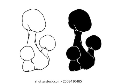 Line sketch, silhouette, stamp of toadstool mushrooms. Vector graphics.