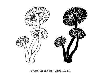 Line sketch, silhouette, stamp of toadstool mushrooms. Vector graphics.