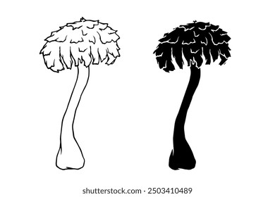 Line sketch, silhouette, stamp of toadstool mushrooms. Vector graphics.