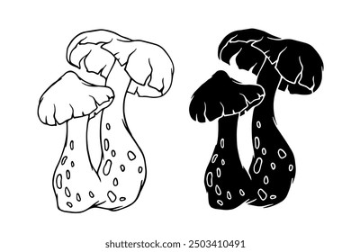 Line sketch, silhouette, stamp of toadstool mushrooms. Vector graphics.