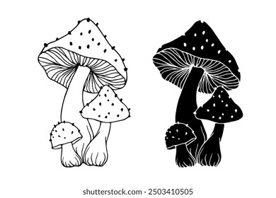 Line sketch, silhouette, stamp of toadstool mushrooms. Vector graphics.