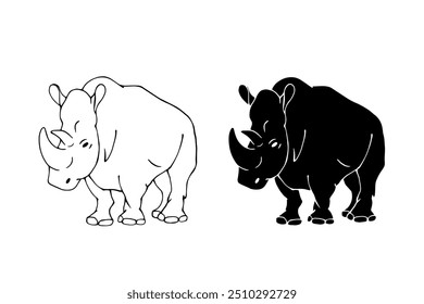 Line sketch, silhouette, stamp of a wild, predatory animal rhinoceros. Vector graphics.