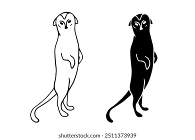 Line sketch, silhouette, stamp of a wild animal of the African savanna meerkat. Vector graphics.