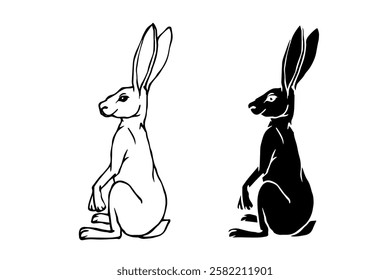 Line sketch, silhouette stamp of wild forest animal hare.Vector graphics.