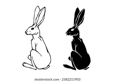 Line sketch, silhouette stamp of wild forest animal hare.Vector graphics.