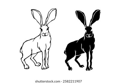 Line sketch, silhouette stamp of wild forest animal hare.Vector graphics.