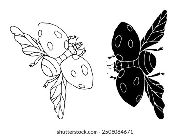 Line sketch, silhouette, stamp of a winged insect ladybug. Vector graphics.	