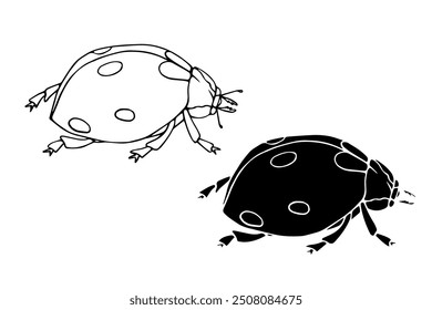 Line sketch, silhouette, stamp of a winged insect ladybug. Vector graphics.	