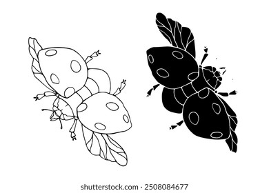 Line sketch, silhouette, stamp of a winged insect ladybug. Vector graphics.	