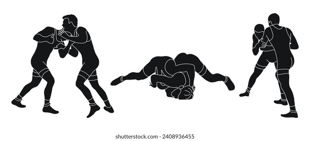 Line sketch of silhouettes athletes wrestler in wrestling, fighting. Greco Roman wrestling, fight, combating, struggle, grappling, duel, mixed martial art, sportsmanship