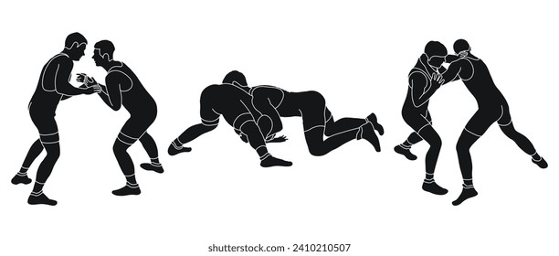 Line sketch of silhouettes athletes wrestler in wrestling, fighting. Greco Roman wrestling, fight, combating, struggle, grappling, duel, mixed martial art, sportsmanship
