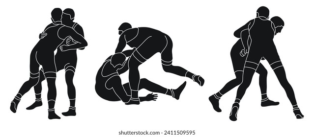 Line sketch of silhouettes athletes wrestler in wrestling, fighting. Greco Roman wrestling, fight, combating, struggle, grappling, duel, mixed martial art, sportsmanship