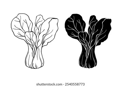 Line sketch, stamp, silhouette of Chinese cabbage vegetables. Vector graphics.