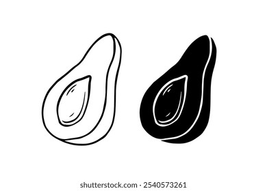 Line sketch, stamp, silhouette of half of avocado fruit. Vector graphics.