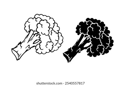 Esboço de linha, selo, silhueta de vegetais brócolis de repolho. Gráficos vetoriais.