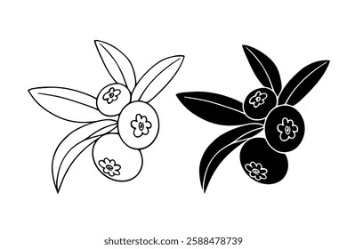 Line sketch, stamp, silhouette of wild blueberries with leaves. Vector graphics.