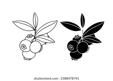 Line sketch, stamp, silhouette of wild blueberries with leaves. Vector graphics.